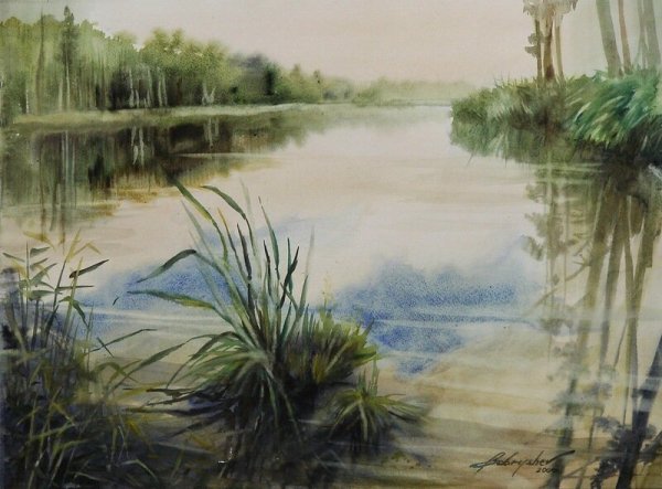 Пруд гуашью