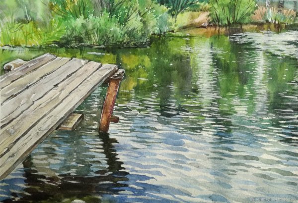 Пруд акварелью