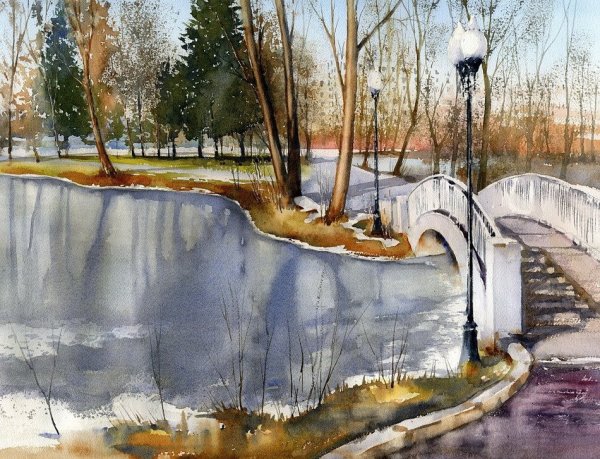 Речной пейзаж акварелью