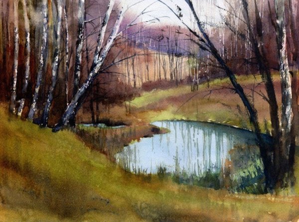 Пруд кувшинки акварель