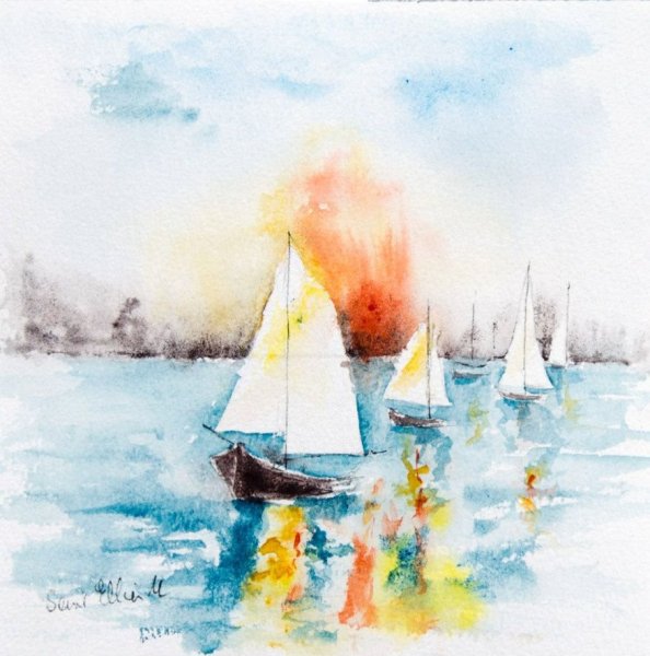 Бумажный кораблик акварель