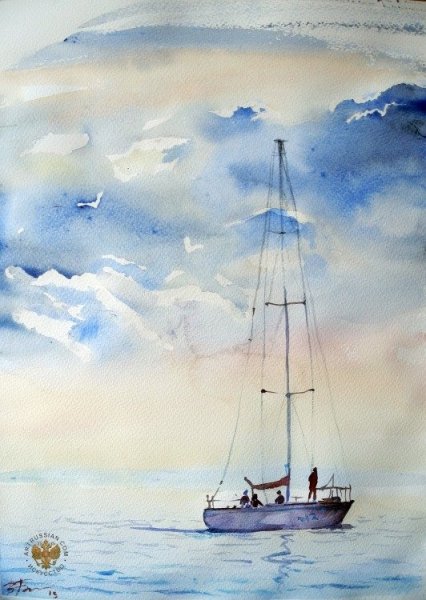 Лодка на воде акварель