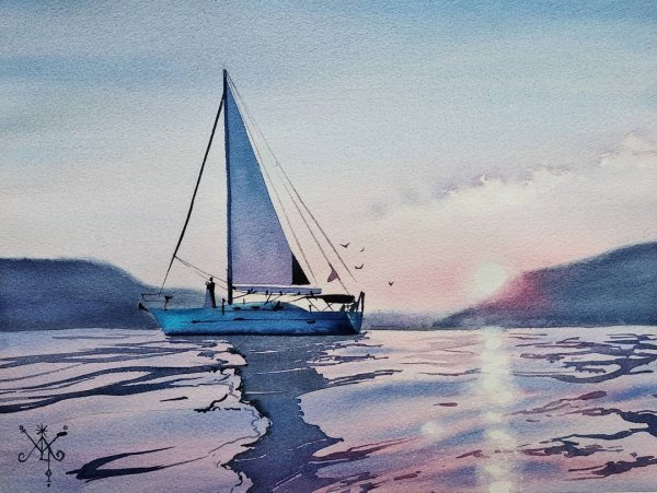 Бумажный кораблик акварель