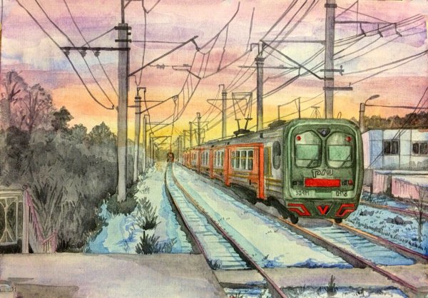 Железная дорога акварель