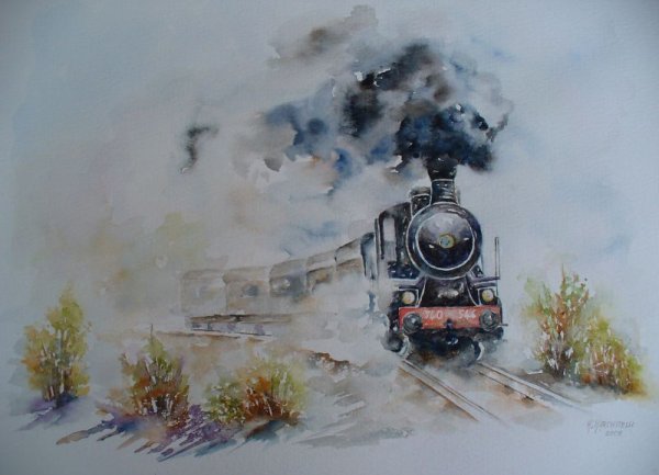 Железная дорога акварель