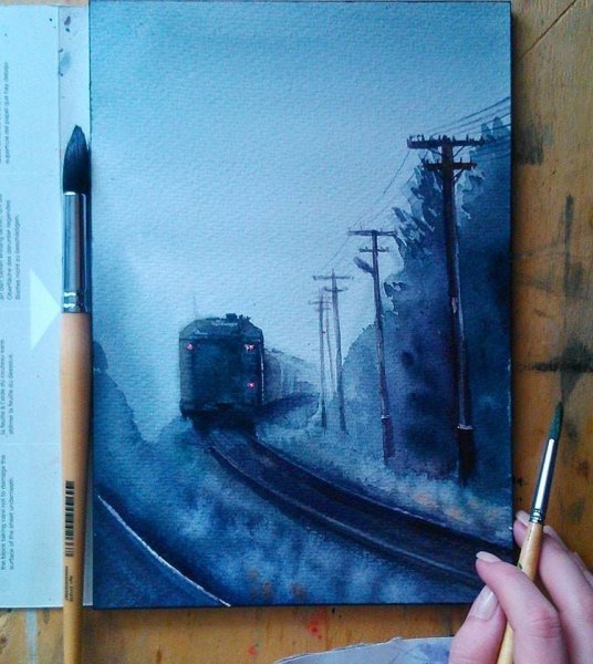 Железная дорога акварель