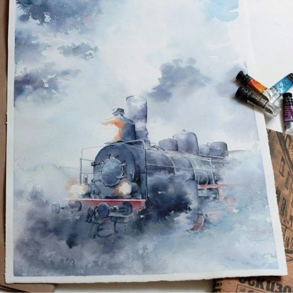 Паровоз акварель