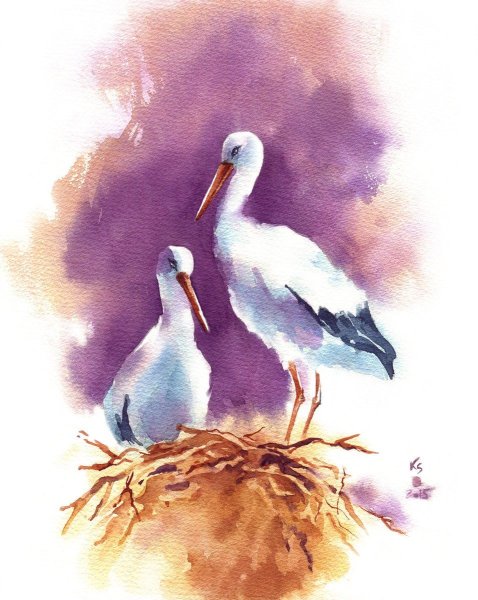 Журавль акварель