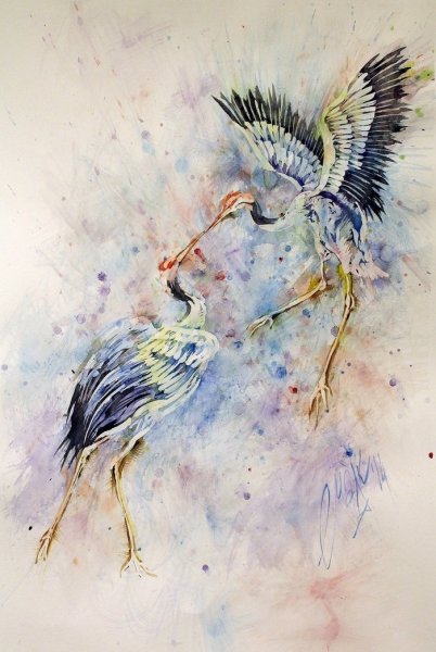 Аист акварель