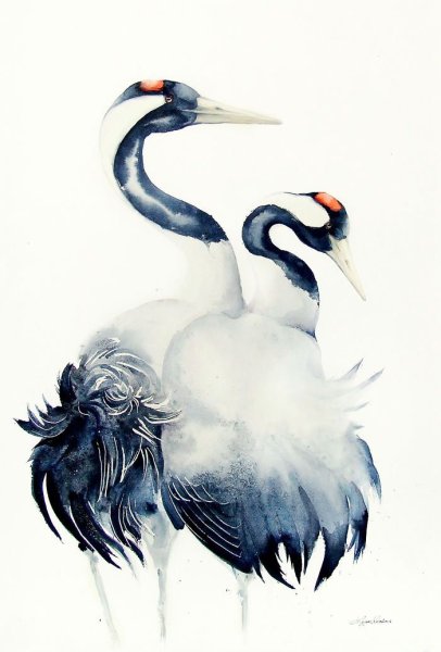 Журавль акварель