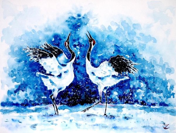 Журавль акварель