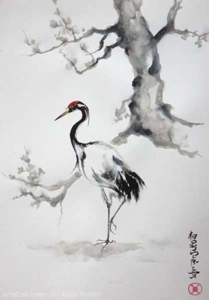 Китайская живопись тушью журавль