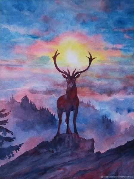 Олень в лесу акварель