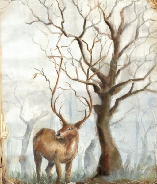 Олень в лесу гуашью