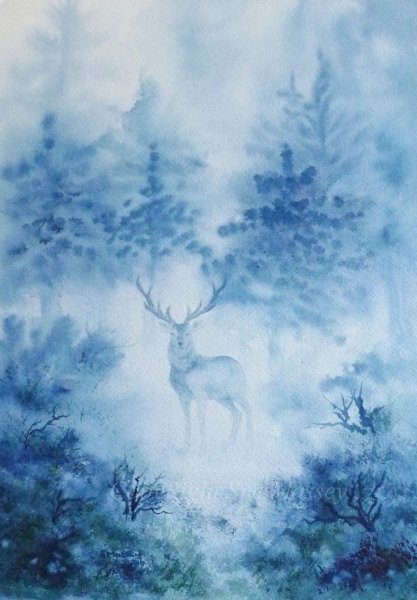 Олень в лесу акварель