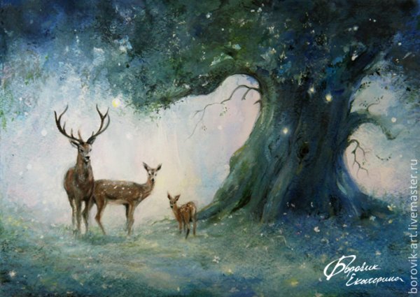 Олень в лесу акварель