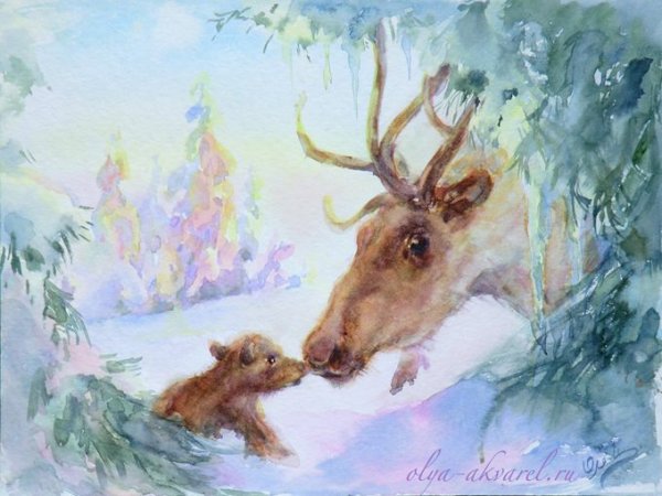 Зимние олени акварель