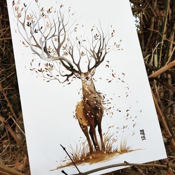 Олень акварелью