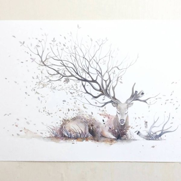 Олень акварелью
