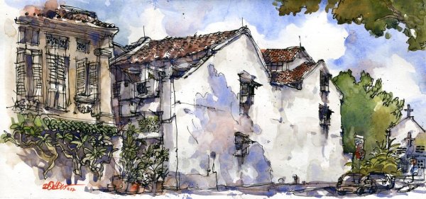 Акварель и тушь пейзаж