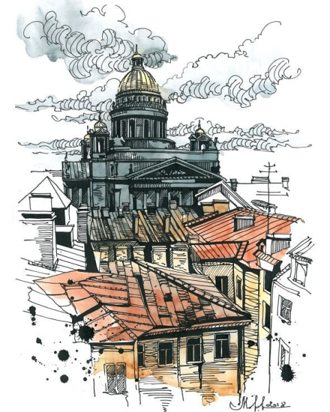 Архитектурный скетчинг акварель Питер