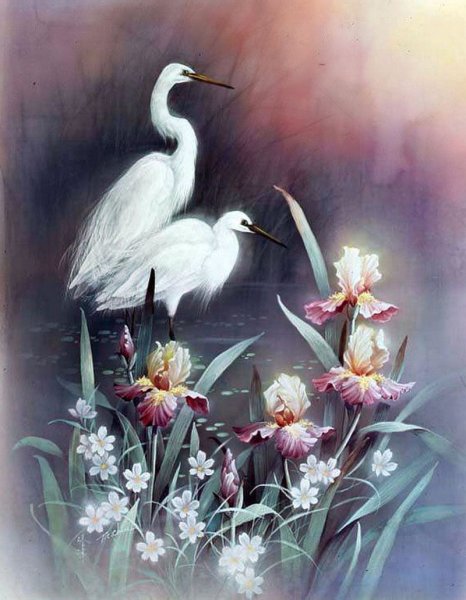 Цапля акварель