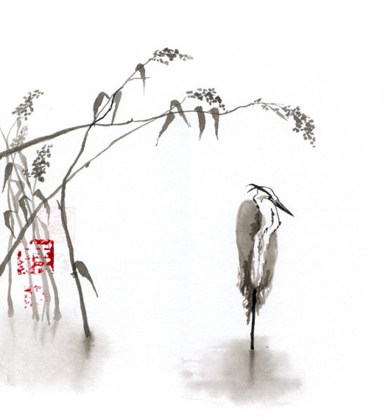 Цапля акварель