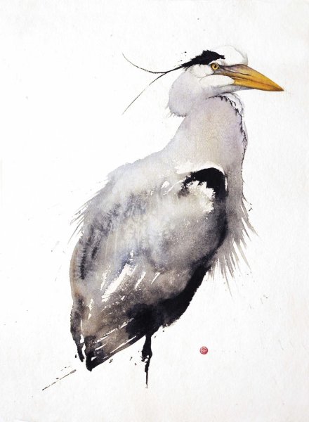 Цапля акварель