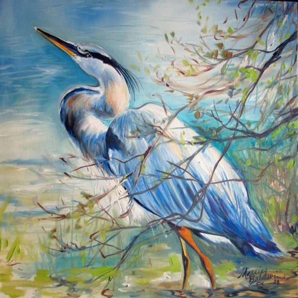 Цапля акварель