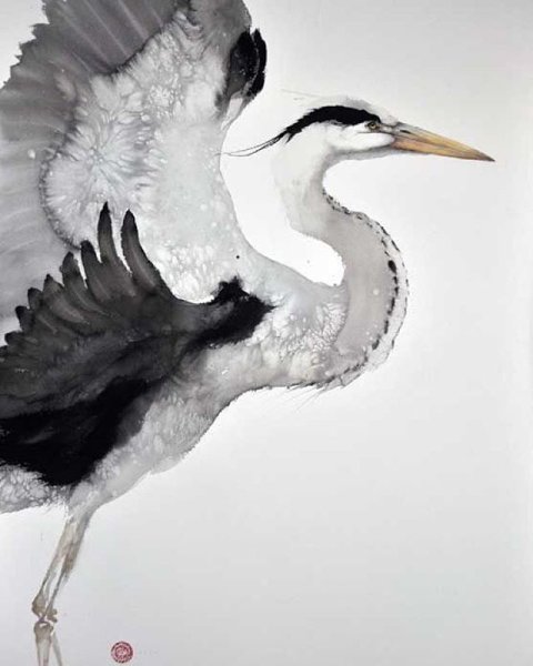 Цапля гуашью