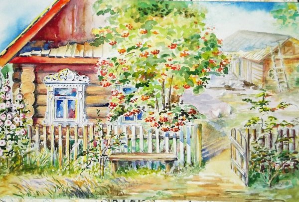 Деревенский домик акварелью