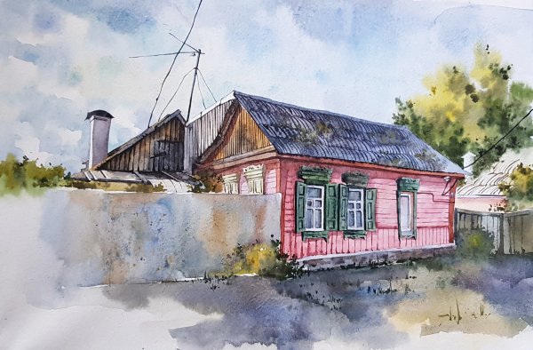 Пейзаж с домиком акварелью