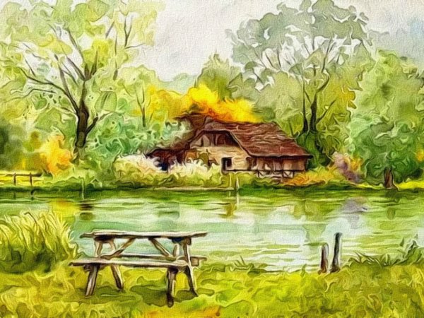 Сельский пейзаж акварелью