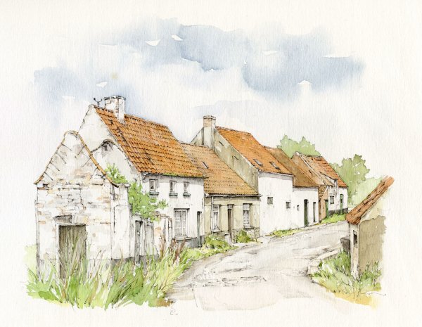 Деревенский пейзаж гуашью