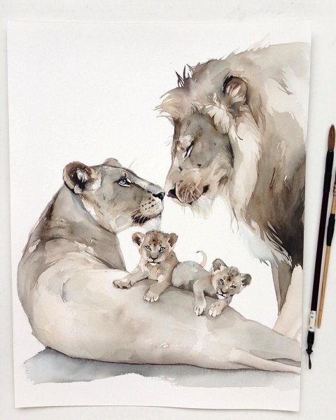 Наталья Каданцева акварель львы