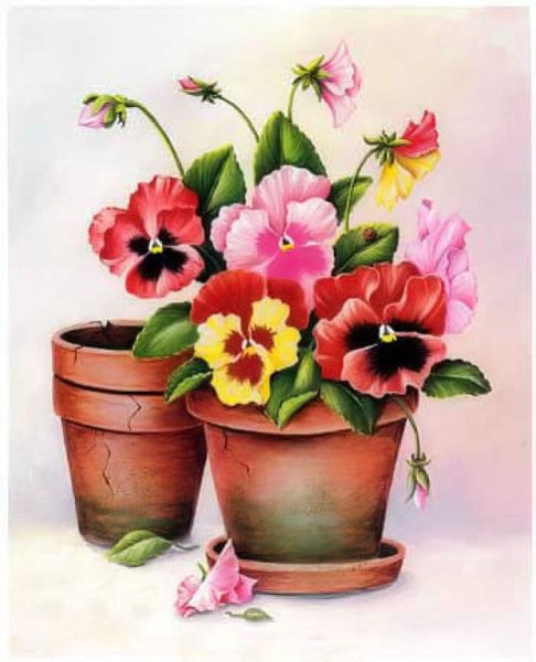 Анютины глазки в горшке акварель