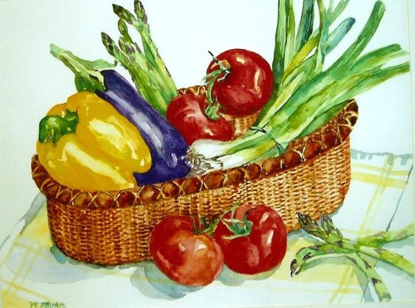 Корзина с фруктами акварель