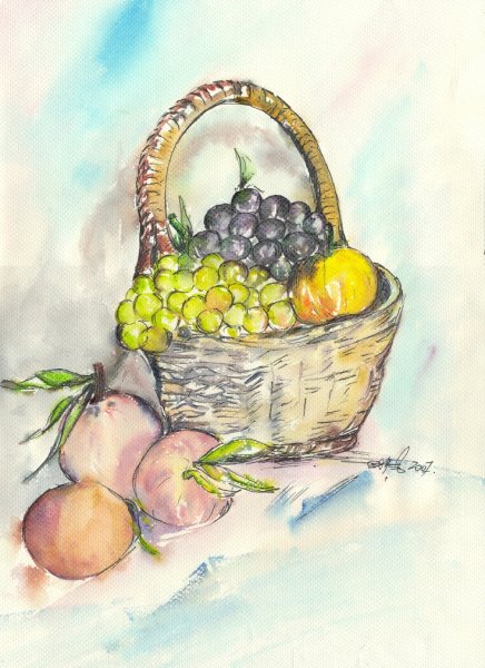 Корзинка с яблоками акварелью