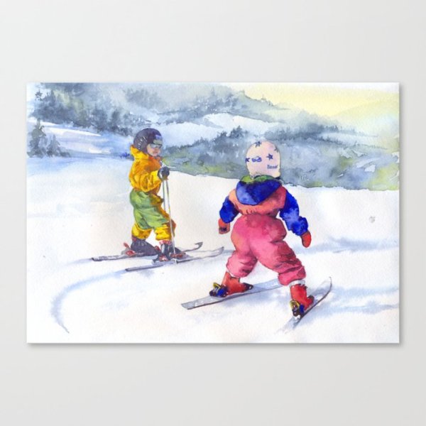 Лыжники акварель