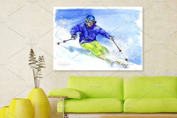 Акварельный рисунок лыжник