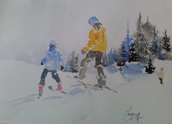 Человек на лыжах акварель