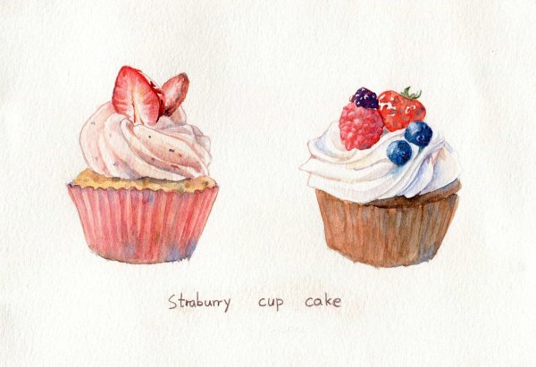 Капкейк с клубникой акварель
