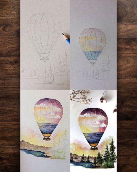 Воздушный шар с корзиной акварель