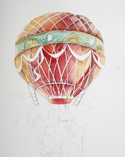 Воздушный шар с корзинкой акварелью