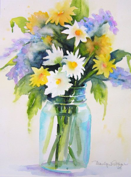 Цветы в вазе акварелью