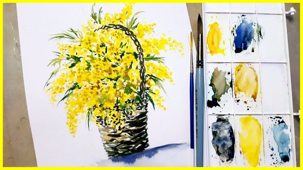 Поэтапное рисование мимозы акварелью