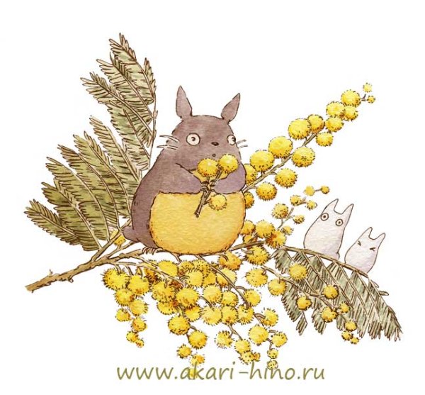 Акварель Весна Мимоза и птицы