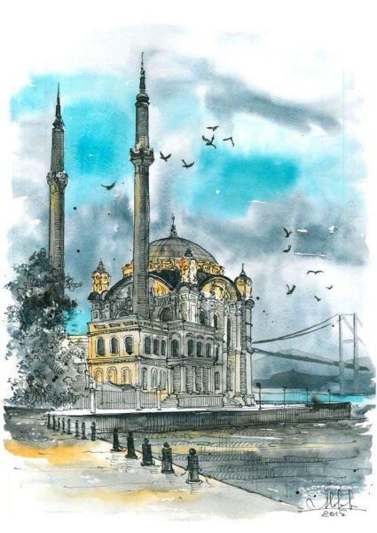 Рисунки мечети акварелью
