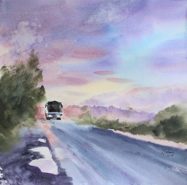 Пейзаж с дорогой акварель