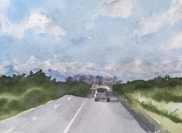 Пейзаж с дорогой акварель